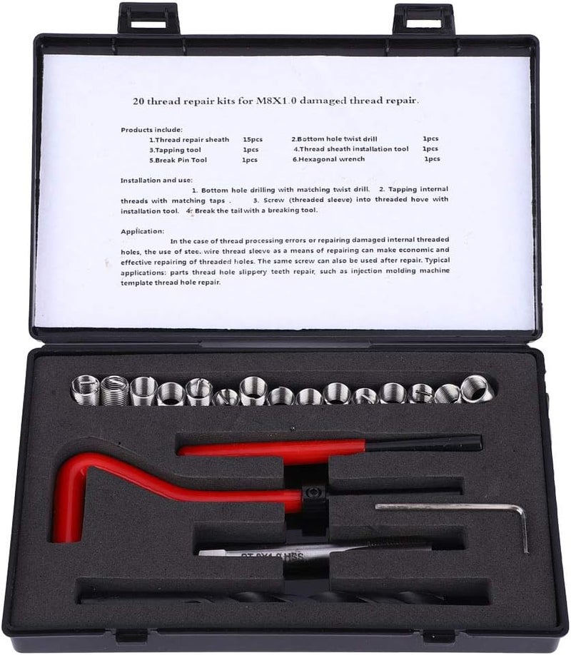 20 Pcs M8x1 Stainless Steel Thread Repair Kit, Rethreading Tap Set for Female Thread Repair with Insert Sleeve, Reusable Thread Insert Tool for Auto Parts and Machinery - Image 1
