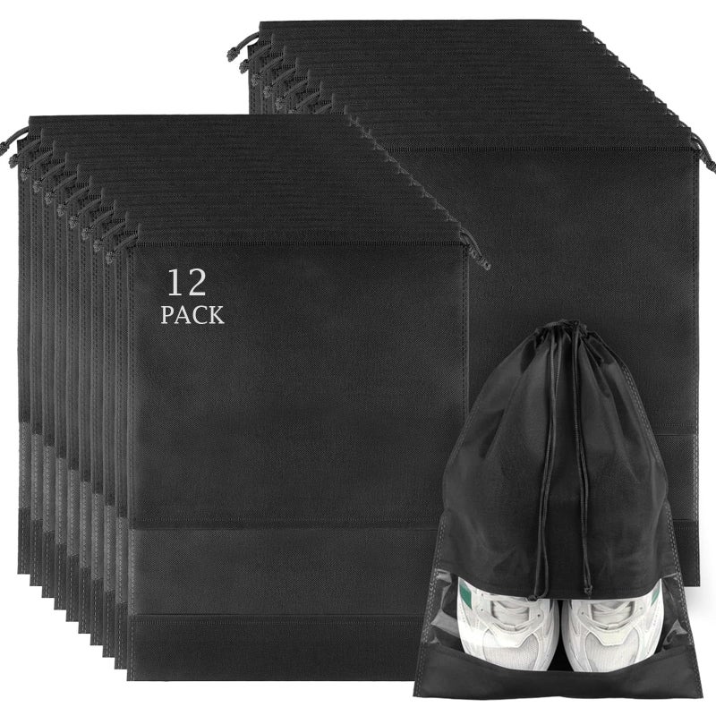 Coidea 12 Pack Large Shoe Bags for Packing with Clear Window, Dustproof Drawstring Travel Shoe Storage Bags for Men & Women, Black - Image 1