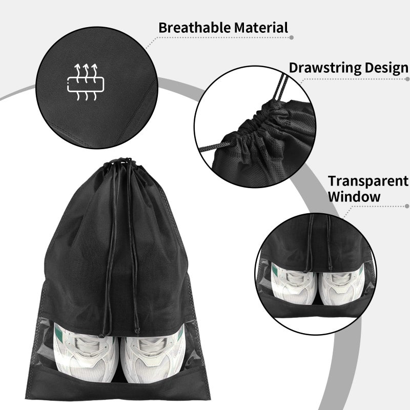 Coidea 12 Pack Large Shoe Bags for Packing with Clear Window, Dustproof Drawstring Travel Shoe Storage Bags for Men & Women, Black - Image 3