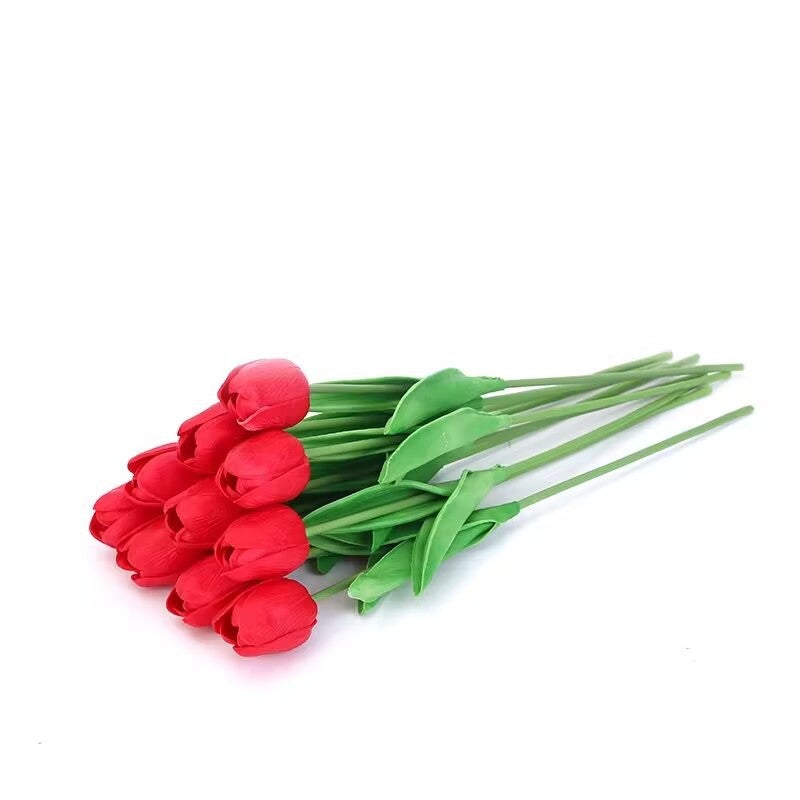 زهور توليب صناعية صغيرة جديدة عبر الحدود من PU للزينة المنزلية وحفلات الزفاف باللون الأحمر الساطع - Image 1