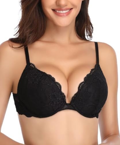 Deyllo Women’s Push Up Lace Bra Comfort Padded Underwire Bra Lift Up Add One Cup(Black,34B) - Image 1
