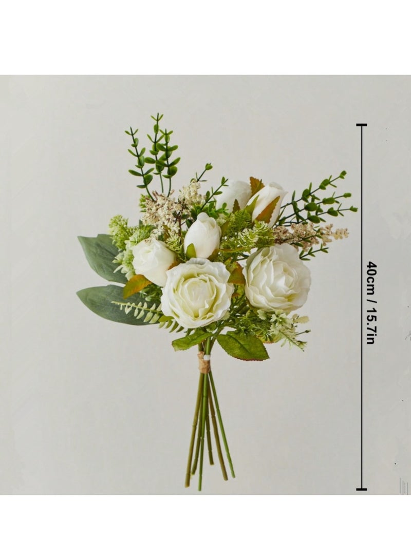DUNISO Fake Flowers, Silk Roses Artificial Flowers, White Faux Flower Arrangement Suitable for Home Office Decoration, Dining Table Centerpiece (No Vase) - Image 3