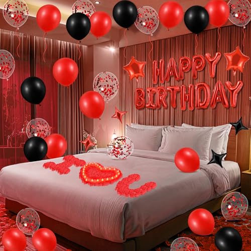 Peconal Red Happy Birthday Balloons Decorations Red and Black Birthday Balloon Letters Banner with 6 Pcs Star Balloons 1000 Artificial Rose Petals 24 Flameless LED Candles for Birthday Party Supplies Decor - Image 1