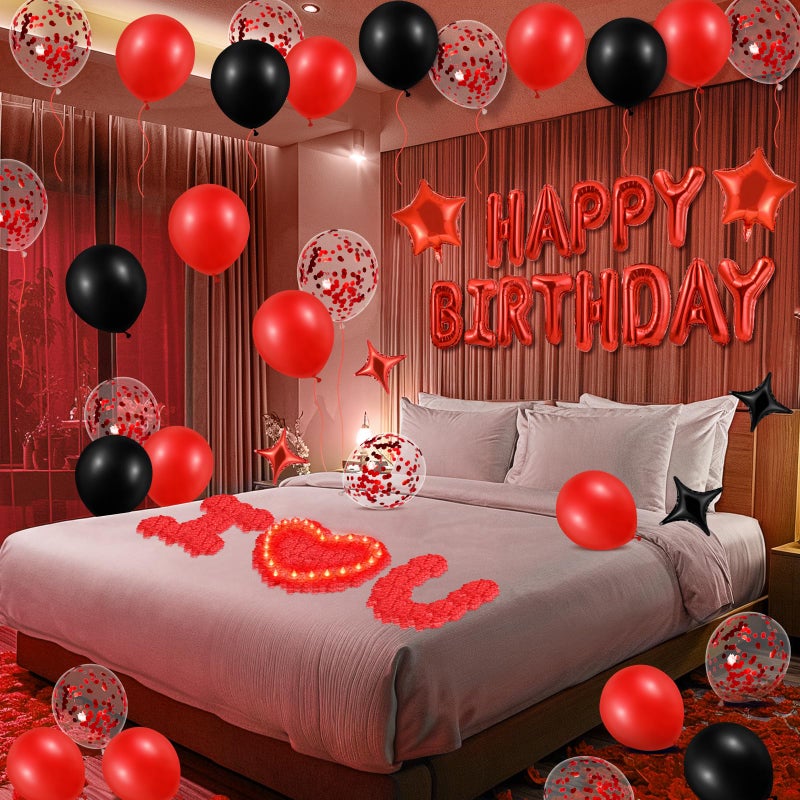 Peconal Red Happy Birthday Balloons Decorations Red and Black Birthday Balloon Letters Banner with 6 Pcs Star Balloons 1000 Artificial Rose Petals 24 Flameless LED Candles for Birthday Party Supplies Decor - Image 2
