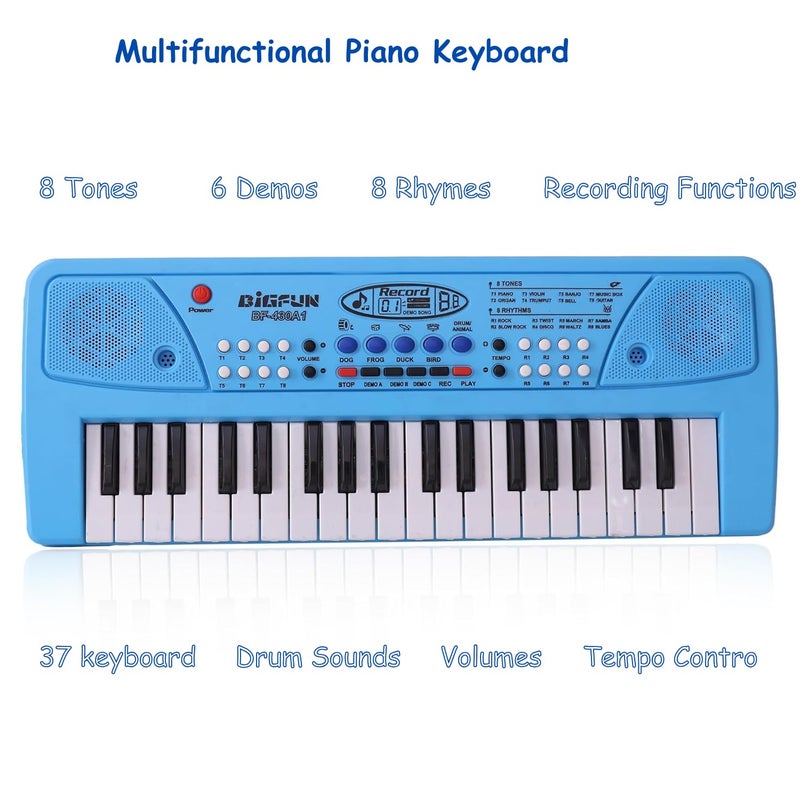 Braintastic بيانو أطفال مع ميكروفون - 37 مفتاح، 8 إيقاعات، 8 نغمات مع 6 ديمو مدمجة وميزة تسجيل الأغاني للأولاد والبنات (أزرق) - Image 2