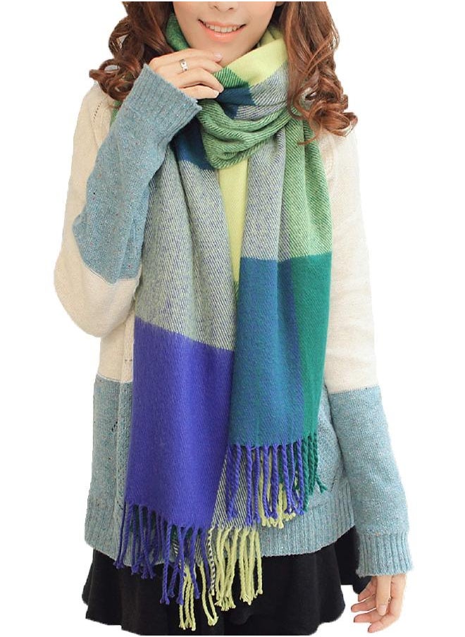 Wander Agio Wander Agio Women's Fashion Long Shawl Big Grid Winter Warm Large Scarf Green  - Image 1