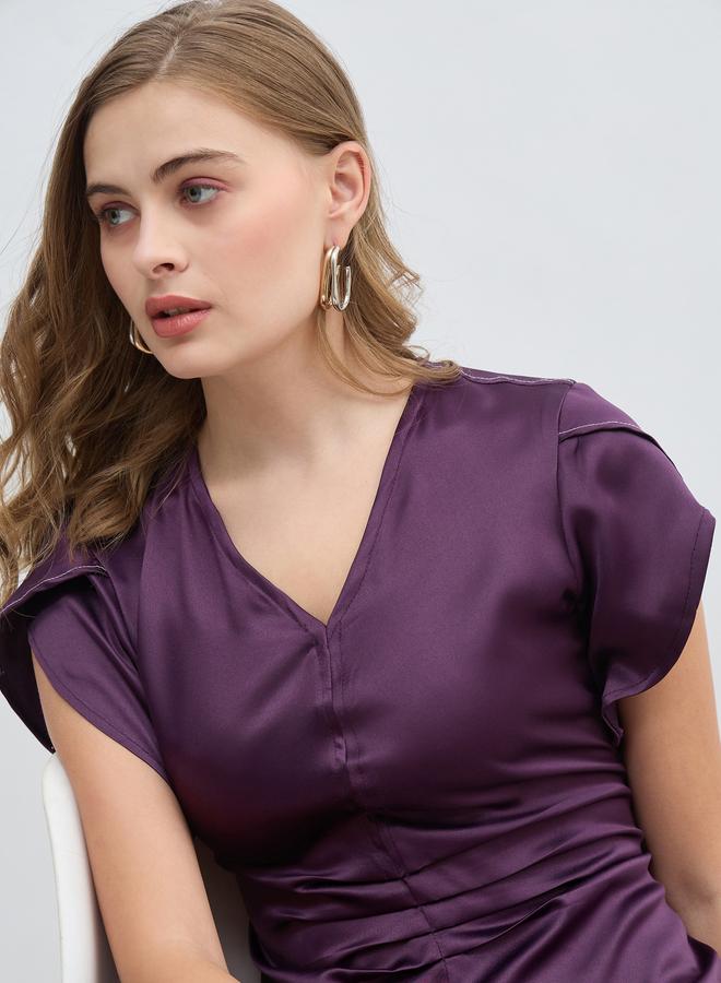Styli Styli Women Purple Solid Petal Sleeves A-Line Midi Dress  - Image 4