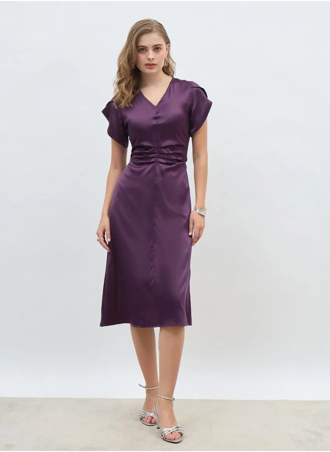 ستايلي Styli Women Purple Solid Petal Sleeves A-Line Midi Dress