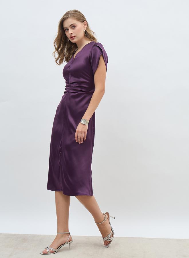 Styli Styli Women Purple Solid Petal Sleeves A-Line Midi Dress  - Image 3