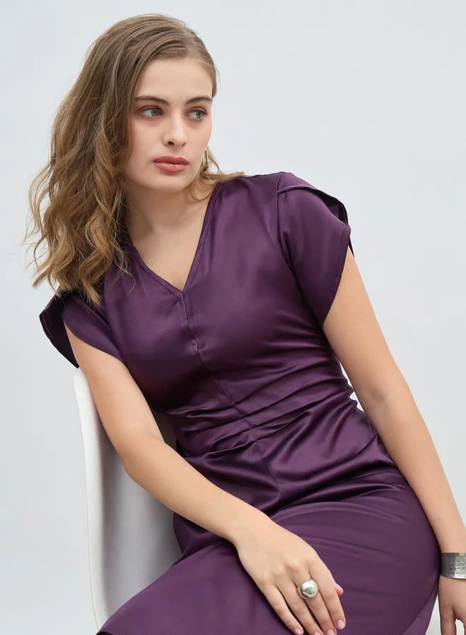 Styli Styli Women Purple Solid Petal Sleeves A-Line Midi Dress