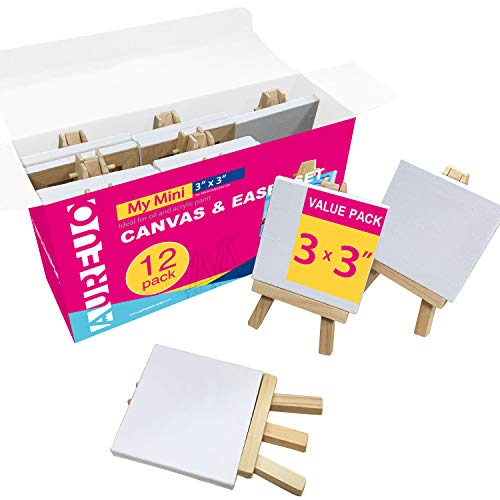 AUREUO Mini Canvas and Easel Set - 3x3 Inch/ 12 Pack - 2/5 Inch Profile Small Square Canvas with Display Stand - Art Gift Set Bulk Pack Canvases for Acrylic Painting & Craft - Image 1