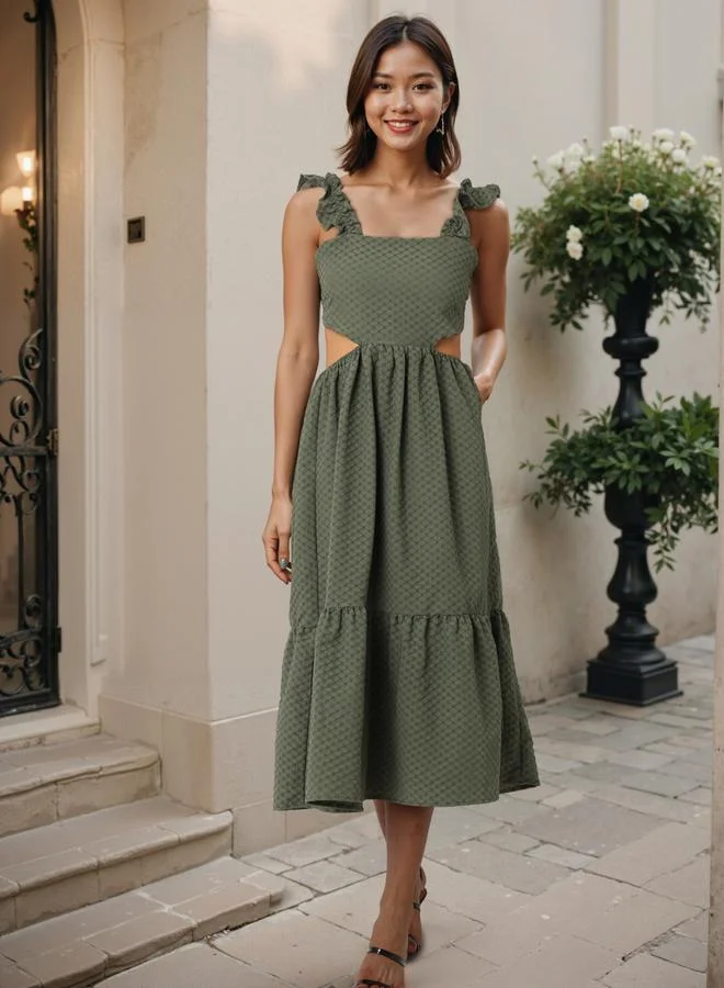 Green Textured Strappy Midi Dress