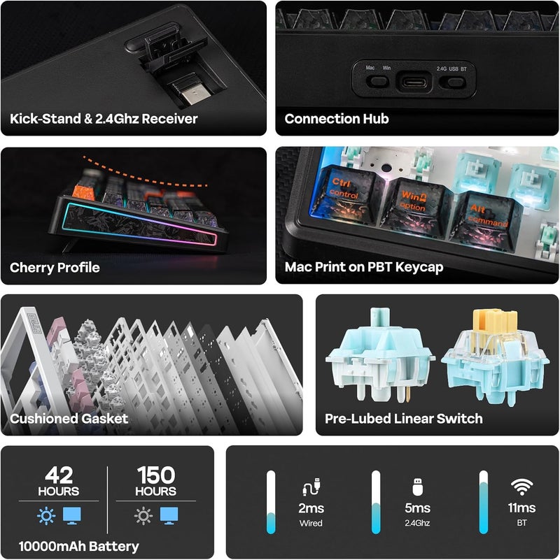 EPOMAKER TH108 V2 PRO Full Size Mechanical Keyboard with Screen&Knob, 10000mAh, BT/2.4Ghz, Mac Modifier PBT Keycap, Hot Swap, RGB, Gasket, Wireless Gaming Keyboard for Mac/PC (Black, Sea Salt Silent) - Image 2