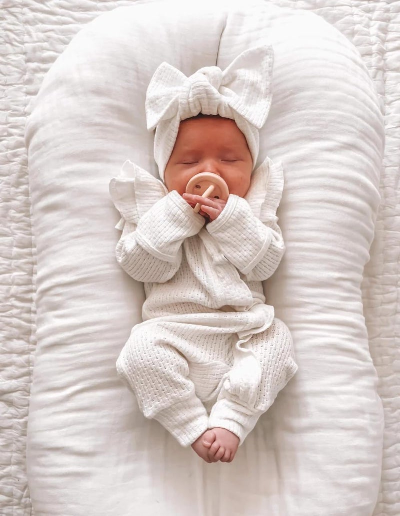 MoZiKQin Newborn Baby Girl Ruffle Romper Knit Sweater Onesie Jumpsuit Long Sleeve Zipper Footies Solid Fall Winter Outfits (Waffle Ruffle White,Newborn) - Image 3