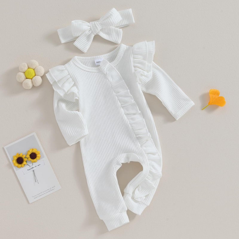 MoZiKQin Newborn Baby Girl Ruffle Romper Knit Sweater Onesie Jumpsuit Long Sleeve Zipper Footies Solid Fall Winter Outfits (Waffle Ruffle White,Newborn) - Image 2