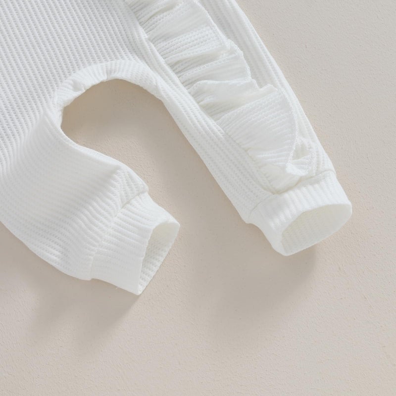 MoZiKQin Newborn Baby Girl Ruffle Romper Knit Sweater Onesie Jumpsuit Long Sleeve Zipper Footies Solid Fall Winter Outfits (Waffle Ruffle White,Newborn) - Image 5