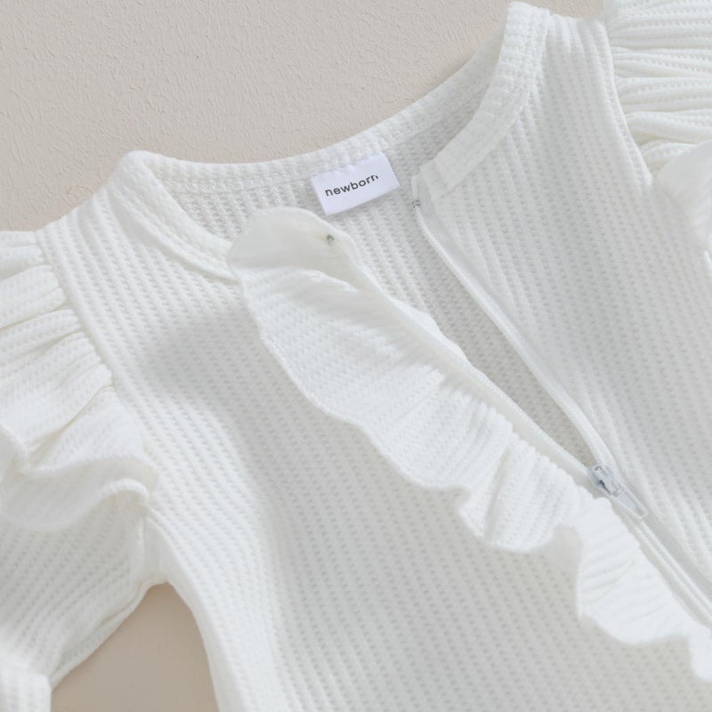 MoZiKQin Newborn Baby Girl Ruffle Romper Knit Sweater Onesie Jumpsuit Long Sleeve Zipper Footies Solid Fall Winter Outfits (Waffle Ruffle White,Newborn) - Image 4