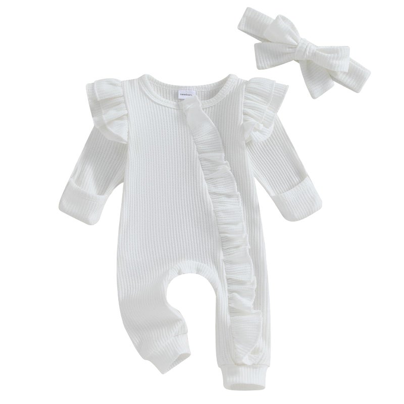 MoZiKQin Newborn Baby Girl Ruffle Romper Knit Sweater Onesie Jumpsuit Long Sleeve Zipper Footies Solid Fall Winter Outfits (Waffle Ruffle White,Newborn) - Image 1