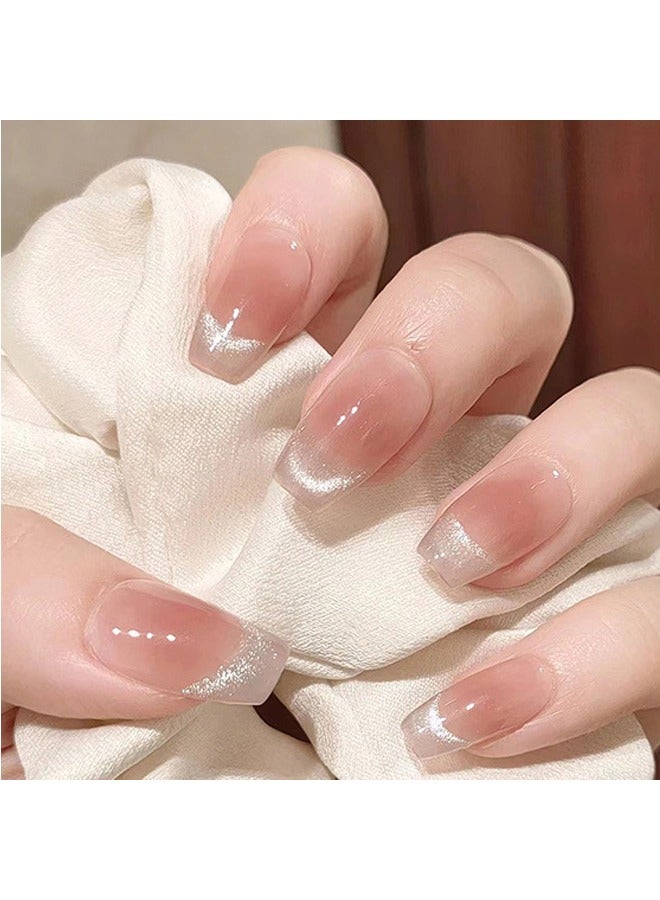 Press On Nails Short Squoval ABS Natural Fit Fake Nails with Jelly Glue Reusable Manicure Glue On Nails Woman and Girl False Nails UV Cover Gel Glossy Nails 15Sizes 24PCS - Image 1