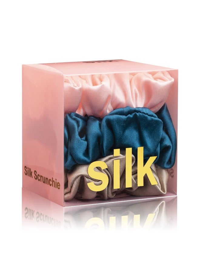 Silmer Silk Scrunchies For Hair 100% Mulberry Silk Hair Ties 3 Pack(Pink Peacock Blue Apricot) - Image 1