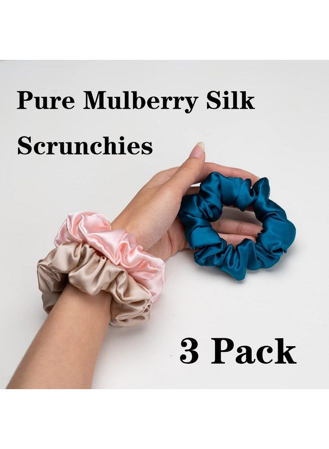 Silmer Silk Scrunchies For Hair 100% Mulberry Silk Hair Ties 3 Pack(Pink Peacock Blue Apricot) - Image 2