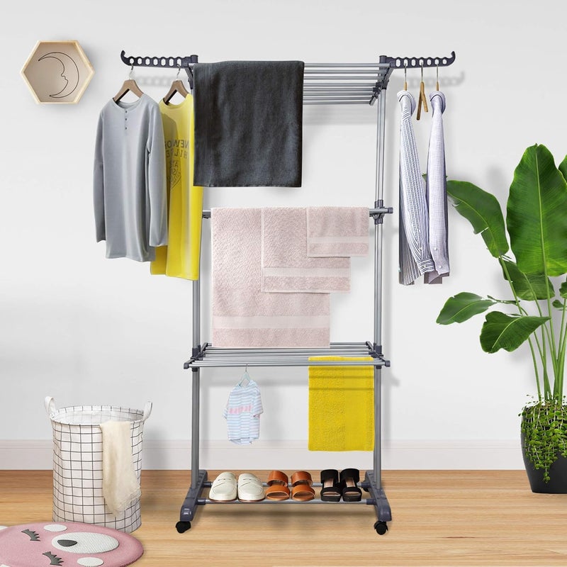 YOUUD Clothes Drying Rack 3-Tiers with Retractable Trays, Collapsible Shelves, Rolling and Base with Casters, Stainless Laundry Dryer Indoor or Outdoor Standing Rack - Image 3