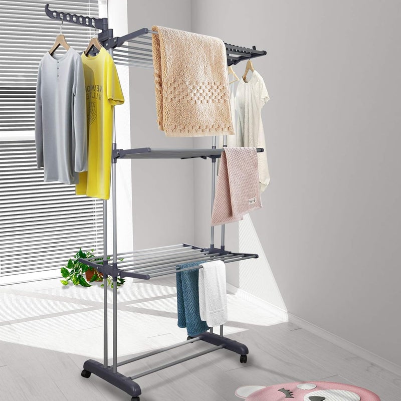 YOUUD Clothes Drying Rack 3-Tiers with Retractable Trays, Collapsible Shelves, Rolling and Base with Casters, Stainless Laundry Dryer Indoor or Outdoor Standing Rack - Image 2