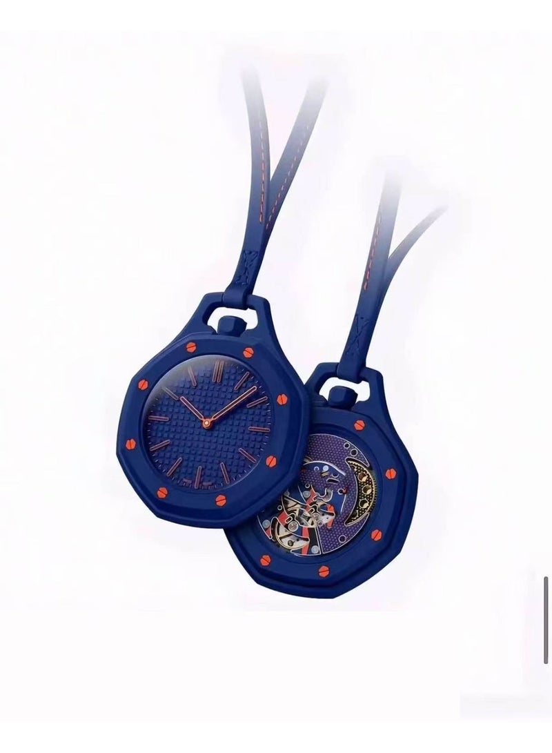 Blue Octagonal Designer Pocket Watch – Blue Dial, Fashion Pendant Hanging Watch with Leather Strap | Modern Artistic Statement Accessory | Octagonal Watch Bag Hanging Charm on Handbags, Backpacks - Image 1