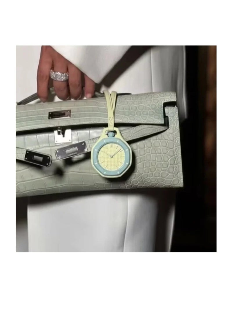 Blue Octagonal Designer Pocket Watch – Blue Dial, Fashion Pendant Hanging Watch with Leather Strap | Modern Artistic Statement Accessory | Octagonal Watch Bag Hanging Charm on Handbags, Backpacks - Image 4