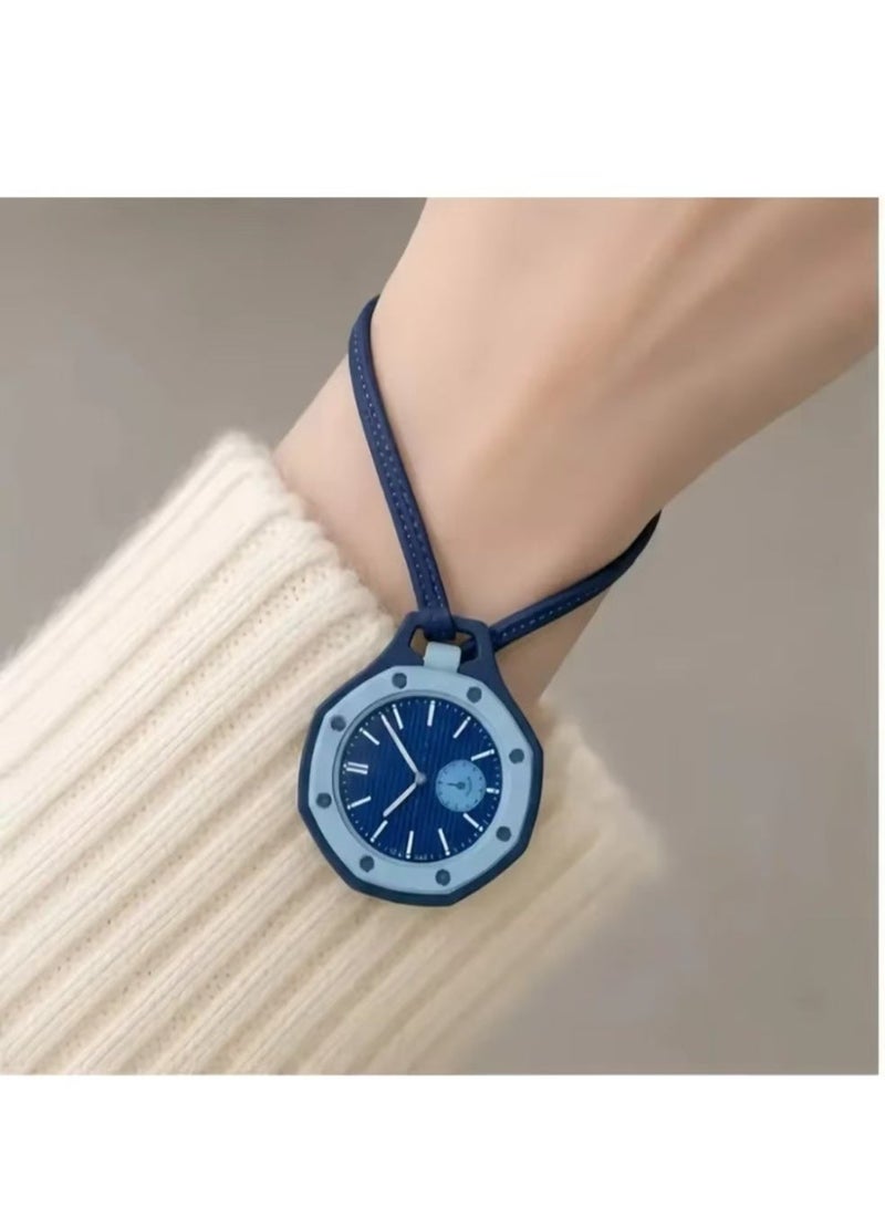 Blue Octagonal Designer Pocket Watch – Blue Dial, Fashion Pendant Hanging Watch with Leather Strap | Modern Artistic Statement Accessory | Octagonal Watch Bag Hanging Charm on Handbags, Backpacks - Image 3