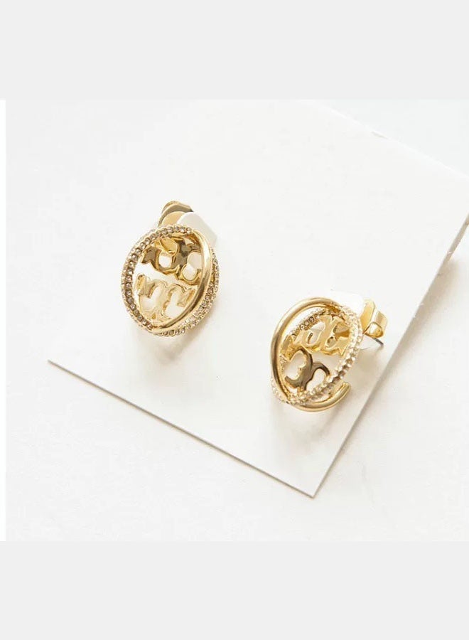 Burch Women's three-dimensional surround inlaid with rhinestone stud earrings double T classic logo exquisite, small and elegant - Image 3