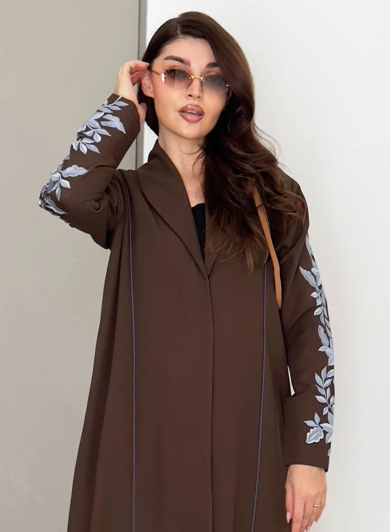 Rosette Abaya  Brown Embellished Abaya with Blue Embroidery Design for Women | Best Price UAE