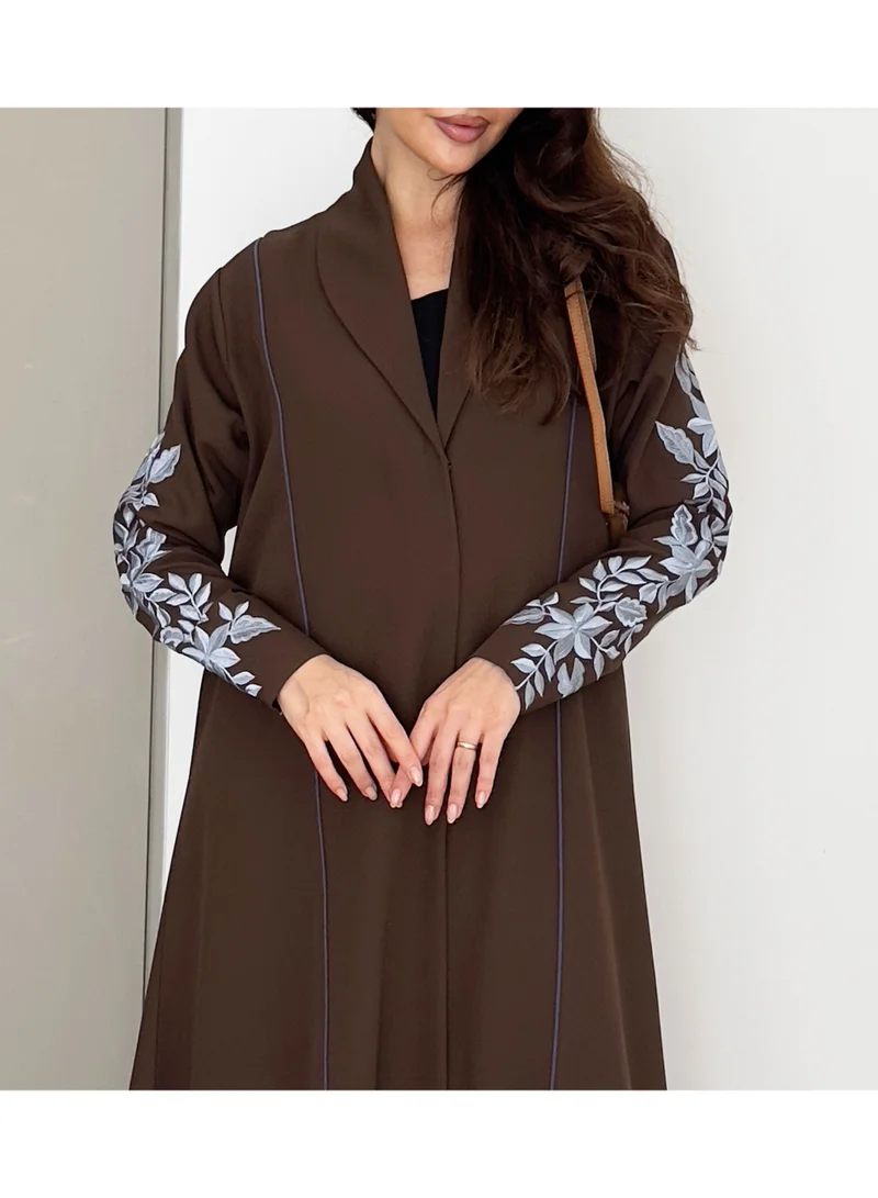 Rosette Abaya  Brown Embellished Abaya with Blue Embroidery Design for Women | Best Price UAE
