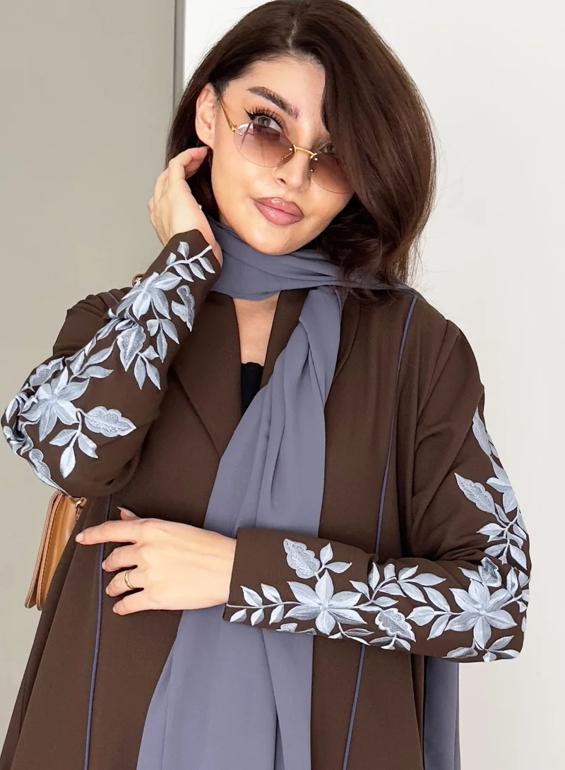 Rosette Abaya  Brown Embellished Abaya with Blue Embroidery Design for Women | Best Price UAE