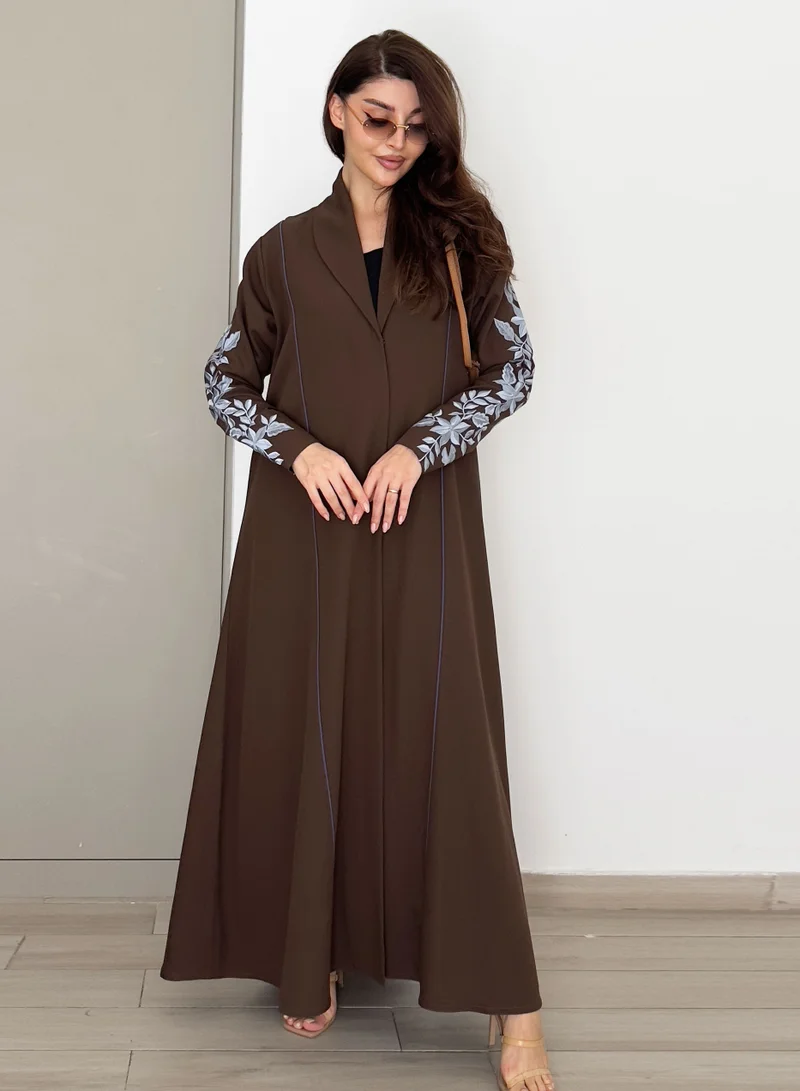 Rosette Abaya  Brown Embellished Abaya with Blue Embroidery Design for Women | Best Price UAE