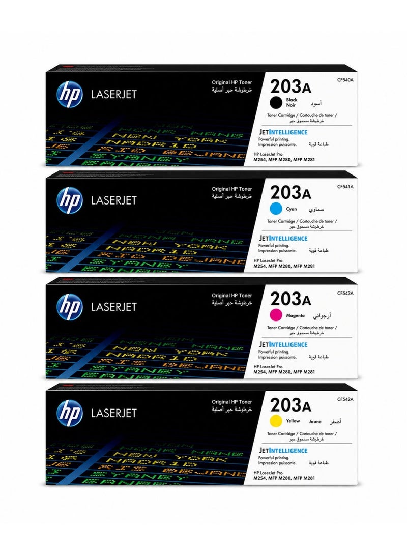 HP Toner HP 203A Toner Cartridge Set (Black, Cyan, Magenta, Yellow) | CMYK Complete Pack | Compatible with HP Color LaserJet Pro M254, MFP M280, M281 | High Quality Printing - Image 1