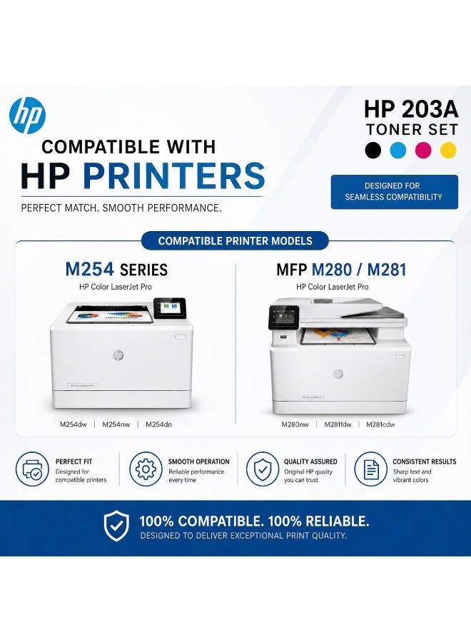 HP Toner HP 203A Toner Cartridge Set (Black, Cyan, Magenta, Yellow) | CMYK Complete Pack | Compatible with HP Color LaserJet Pro M254, MFP M280, M281 | High Quality Printing - Image 3