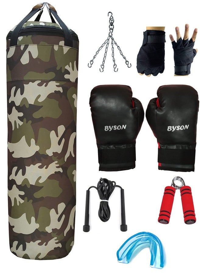 Byson Camouflage Tough Boxing Kit Set for Men's and Senior's Level (36inch Synthetic Leather Punching Bag, Chain, Hand Wrap Gloves and 14oz Boxing Gloves,Skiping Rope, Hand Grip,Mouthguard) Heavy Bag - Image 1