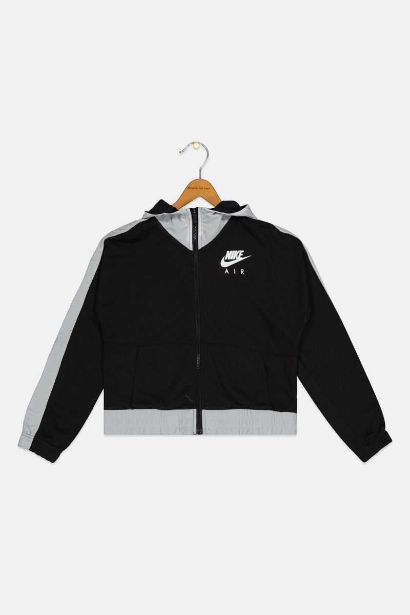 Nike جاكيت خارجي بغطاء رأس بأكمام طويلة للأطفال الأولاد بشعار العلامة التجارية، أسود - Image 2