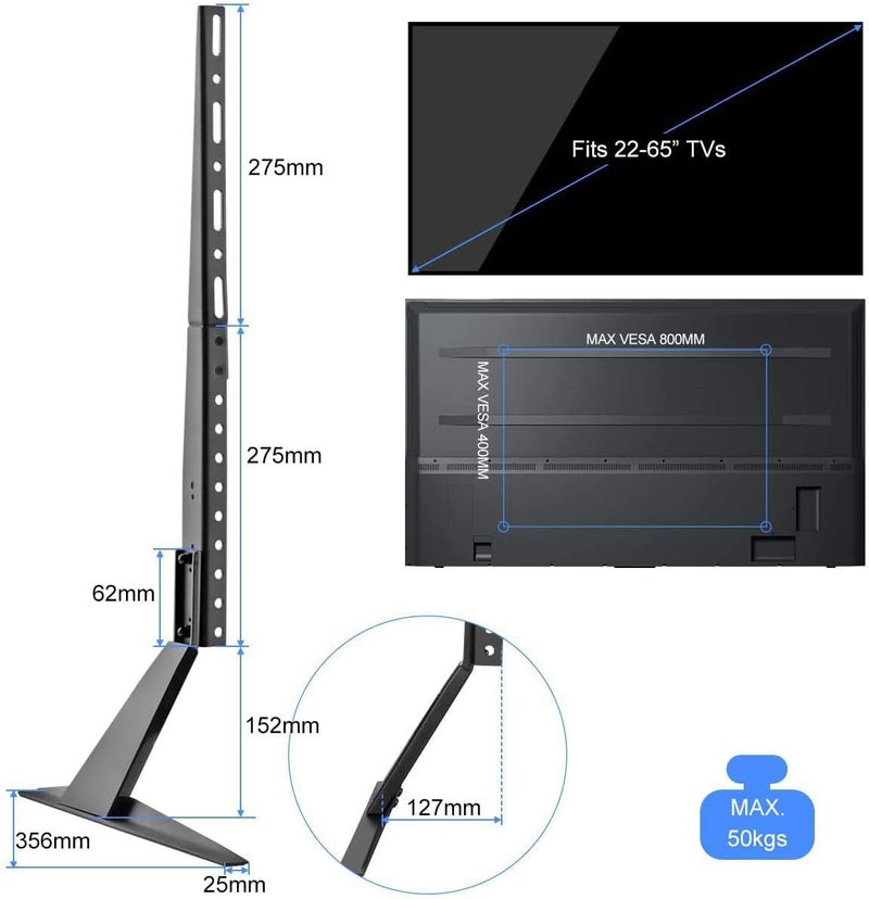 سوبتيكس حامل تلفزيون عالمي من سوبتيك، بديل أرجل تلفزيون لمعظم أجهزة تلفزيون LCD/LED/OLED/Plasma مقاس 22-65 بوصة، أرجل تلفزيون قابلة للتعديل للشاشات المسطحة والمقوسة، معيار VESA حتى 800x400 مم، سعة تحمل 50 كجم ML1760 - Image 3