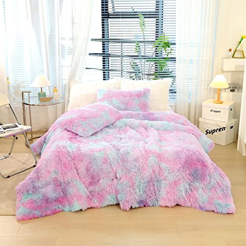 SUCSES Purple Plush Shaggy Duvet Cover Set Full Size, Tie Dye Rainbow Faux Fur Bedding Set for Teens Girls, Fluffy Furry Velvet Comforter Cover with Zipper Closure (Purple Ombre, Full) - Image 2