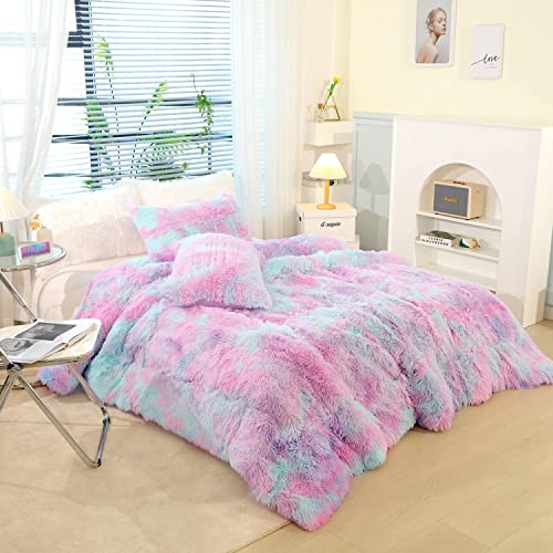 SUCSES Purple Plush Shaggy Duvet Cover Set Full Size, Tie Dye Rainbow Faux Fur Bedding Set for Teens Girls, Fluffy Furry Velvet Comforter Cover with Zipper Closure (Purple Ombre, Full) - Image 5