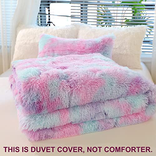 SUCSES Purple Plush Shaggy Duvet Cover Set Full Size, Tie Dye Rainbow Faux Fur Bedding Set for Teens Girls, Fluffy Furry Velvet Comforter Cover with Zipper Closure (Purple Ombre, Full) - Image 3
