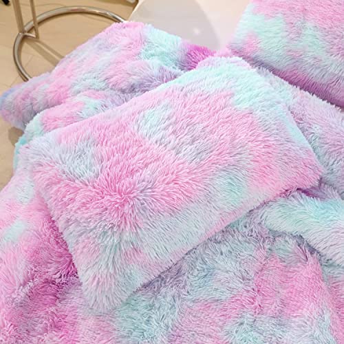 SUCSES Purple Plush Shaggy Duvet Cover Set Full Size, Tie Dye Rainbow Faux Fur Bedding Set for Teens Girls, Fluffy Furry Velvet Comforter Cover with Zipper Closure (Purple Ombre, Full) - Image 4