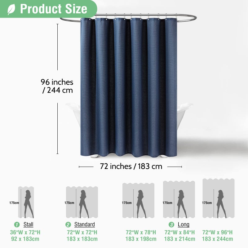 Dynamene Extra Long Shower Curtain 96 Inch Long Waffle Weave Heavy Duty Thick Fabric Bathroom Shower Curtain  Neutral Weighted Hotel Bath Curtain Set with 12 Plastic Hooks 72x96 Navy Blue - Image 5