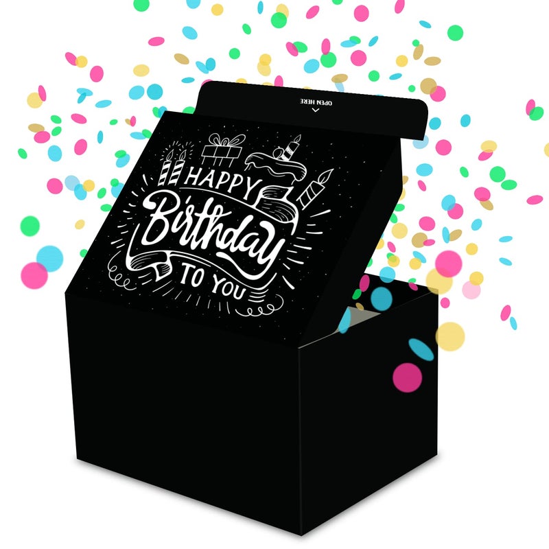 FETTIPOP Gift Box Surprise Exploding Confetti Kit (Black Premium) Happy Birthday, Prank Pop Up 7.2x5.5x4.3 in. - Image 1