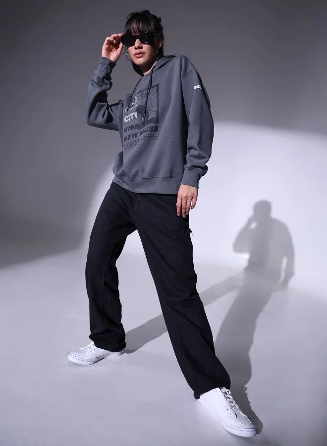 هوبرهولمي سويت شيرت نسائي رمادي بطبعة من مزيج القطن بقصة واسعة