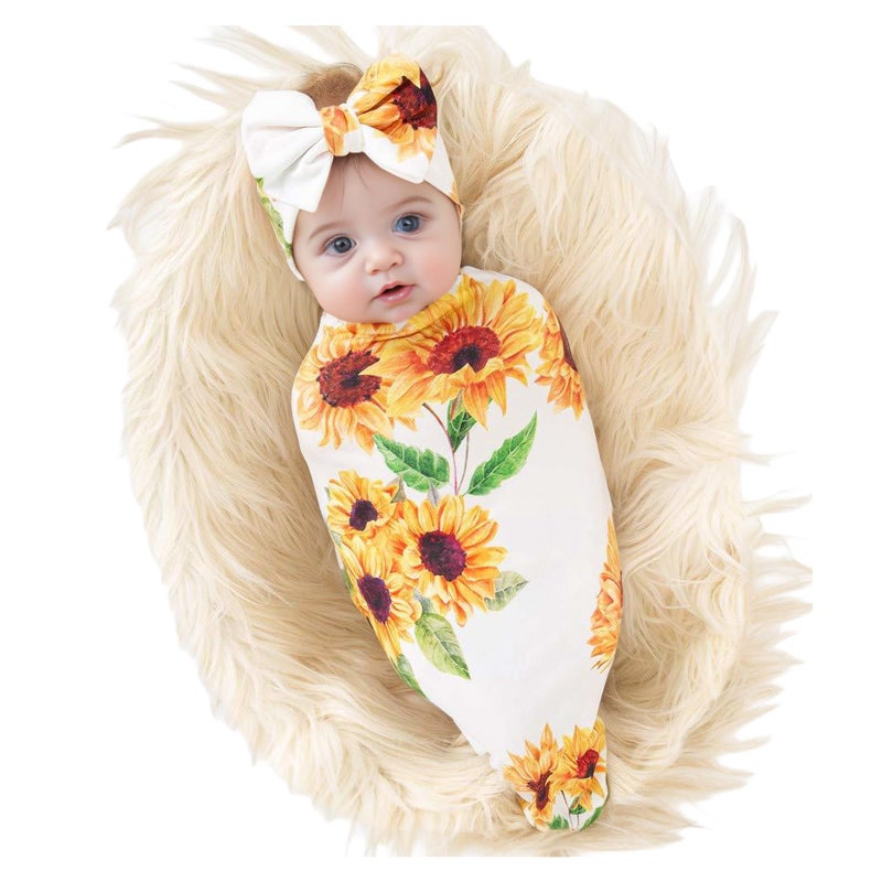 Galabloomer Newborn Sunflower Receiving Blanket Headband Set Baby Flower Rose Swaddle with Big Bow - Image 1