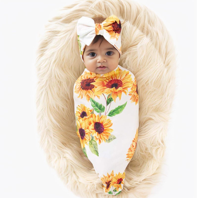 Galabloomer Newborn Sunflower Receiving Blanket Headband Set Baby Flower Rose Swaddle with Big Bow - Image 4