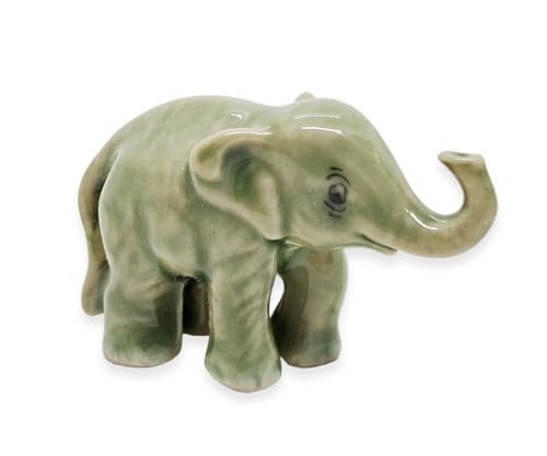 ChangThai Design Tiny 1" Light Gray Baby Elephant Stand Lift Trunk Figurine - Miniature Hand Made Painted Ceramic Asian Elephants Cute Wild Animals Porcelain Decorative Collectible Figures Décor Gifts - Image 1